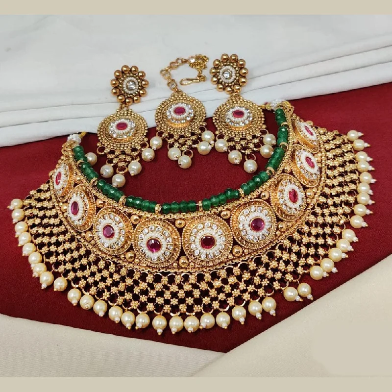 Manisha Jewellery Gold Plated Pota Stone And Pearls Choker Necklace Set