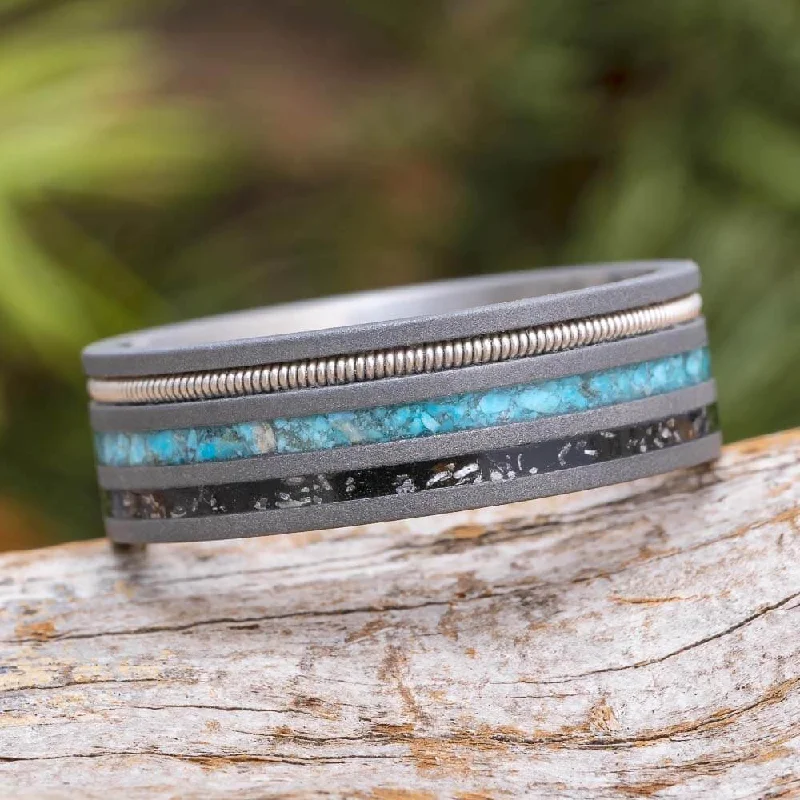 Guitar String Wedding Band with Turquoise and Black Stardust