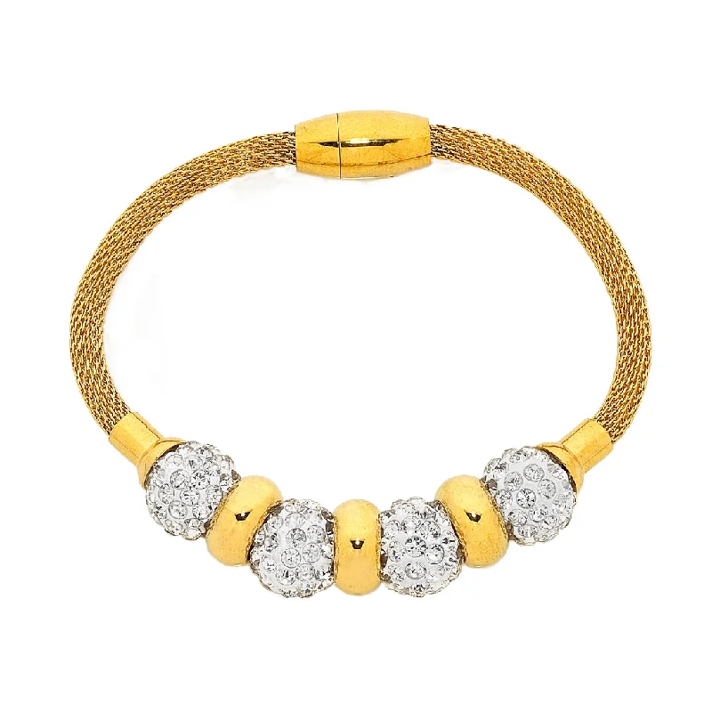 Stainless Steel Gold Colour Mesh Bracelet with Crystal Balls