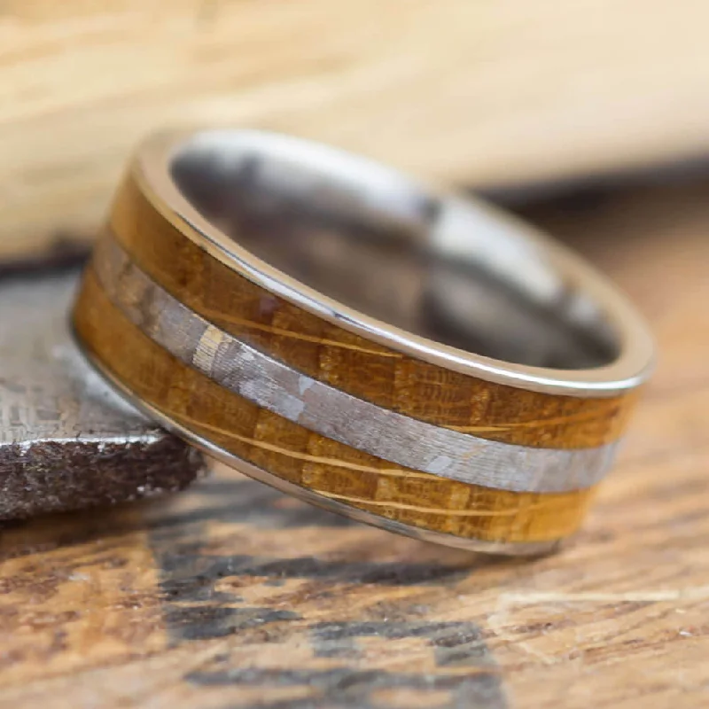 Tungsten Men's Wedding Band With Meteorite & Whiskey Barrel Oak