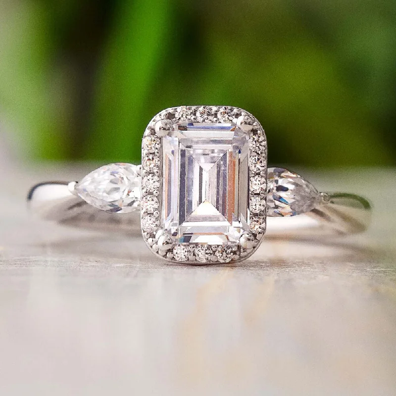 Emerald Cut Moissanite Halo Engagement Ring