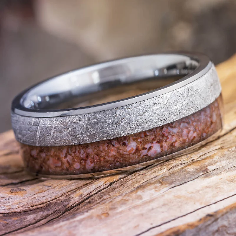 Tungsten Ring With Meteorite & Fossilized Dinosaur Bone