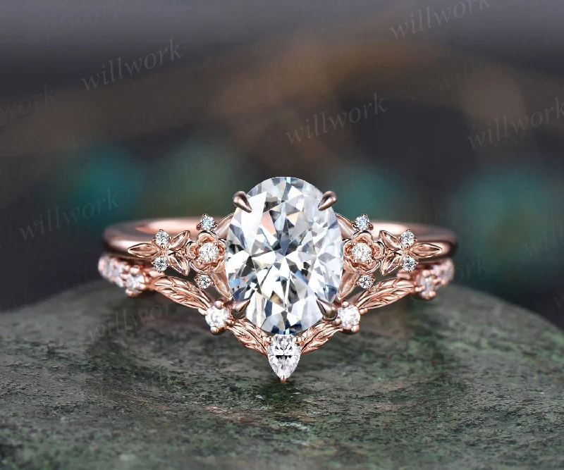 Oval cut moissanite ring vintage rose gold leaf floral nature inspired engagement ring women art deco cluster diamond bridal ring set gift