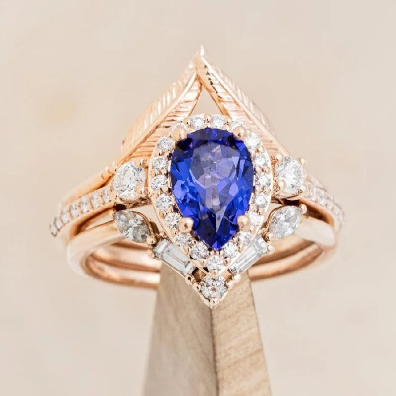 "KB" - BRIDAL SUITE - PEAR CUT LAB-GROWN BLUE SAPPHIRE ENGAGEMENT RING WITH "MELODY" & "FALA" TRACERS