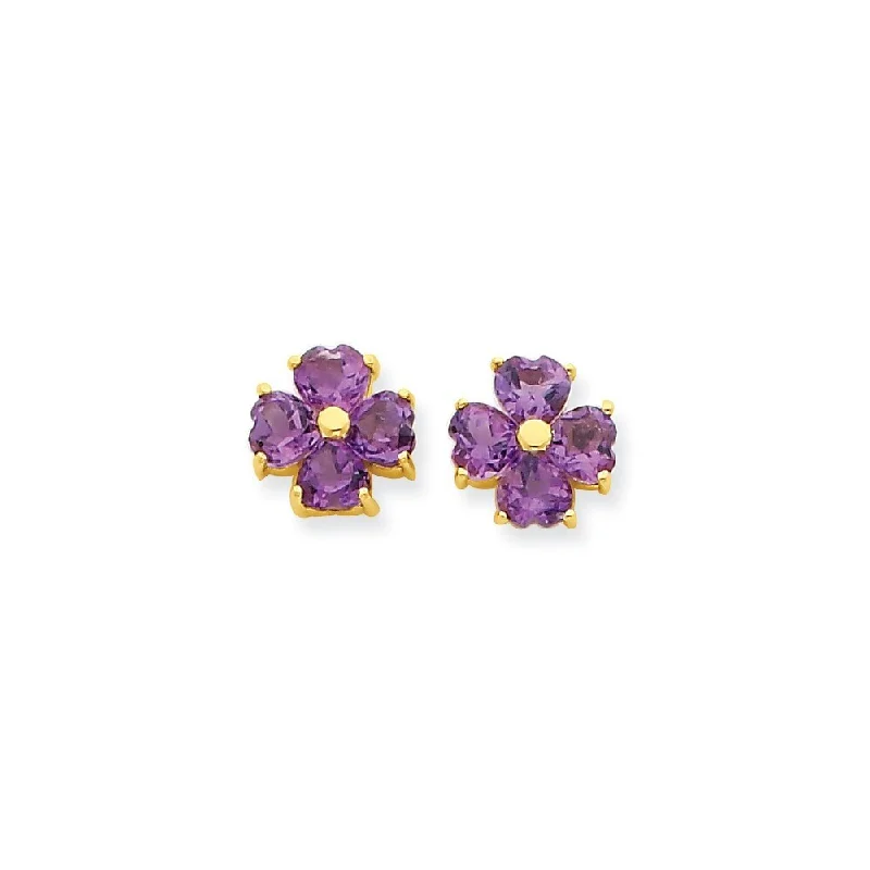 14k Yellow Gold Heart-shaped Gemstone Flower Earrings (L-9 mm, W-9 mm)