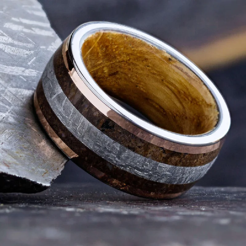 Meteorite Men's Wedding Band With Whiskey Oak Sleeve & Gold Pinstripes