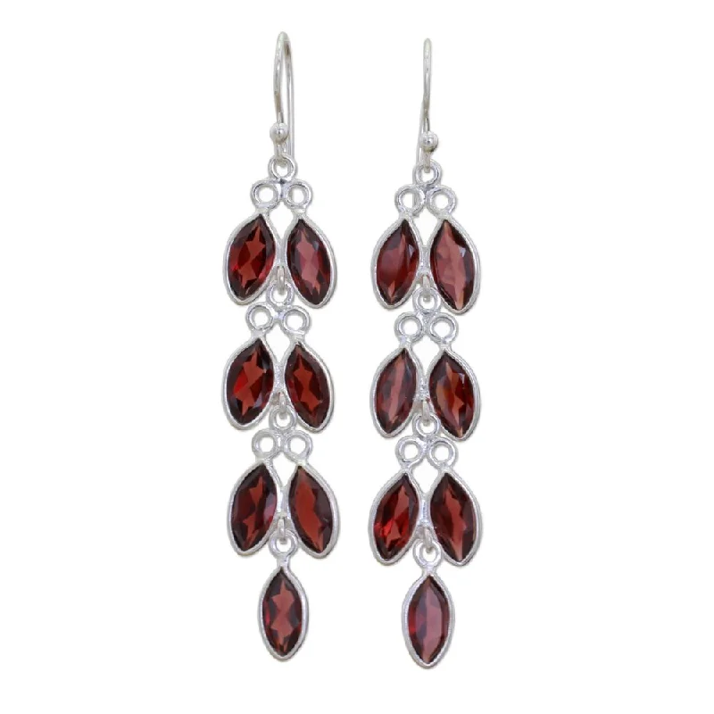 Garnet Dangle Earrings, 'Sparkling Red Leaves' (India) - 2.8*0.5