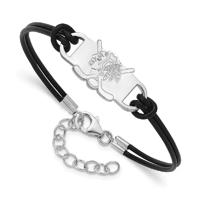 Sterling Silver Rhodium Plated NHL Blackhawks Leather Bracelet, 7 Inch