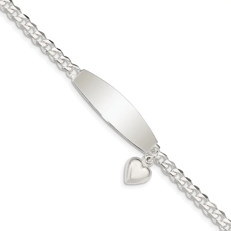 9mm Sterling Silver Heart Charm Curb Link I.D. Bracelet