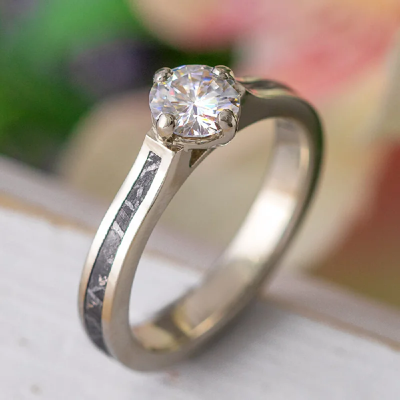 Compass Set Moissanite Solitaire Engagement Ring With Meteorite