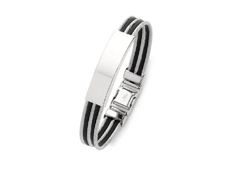 Stainless Steel ID Alternating Wire and Black Rubber Bangle