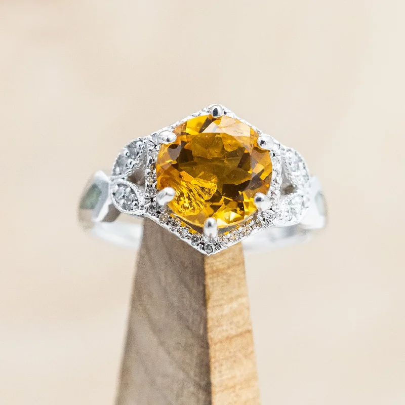 "LUCY IN THE SKY" - ROUND CUT CITRINE ENGAGEMENT RING WITH DIAMOND HALO & FIRE AND ICE OPAL INLAYS