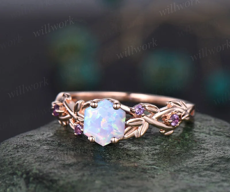 Twig opal ring vintage hexagon cut white opal engagement ring white gold leaf amethyst ring women October birthstone ring anniversary ring