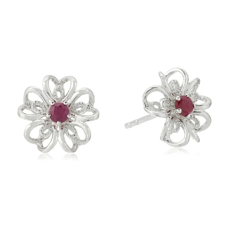 Sterling Silver Ruby flower Stud Earrings