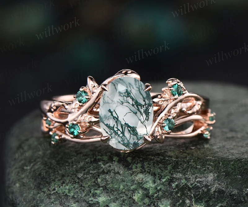 6x8mm oval cut natural moss agate nature inspired engagement ring set 14k rose gold twig leaf ring art deco emerald wedding band bridal set jewelry gifts