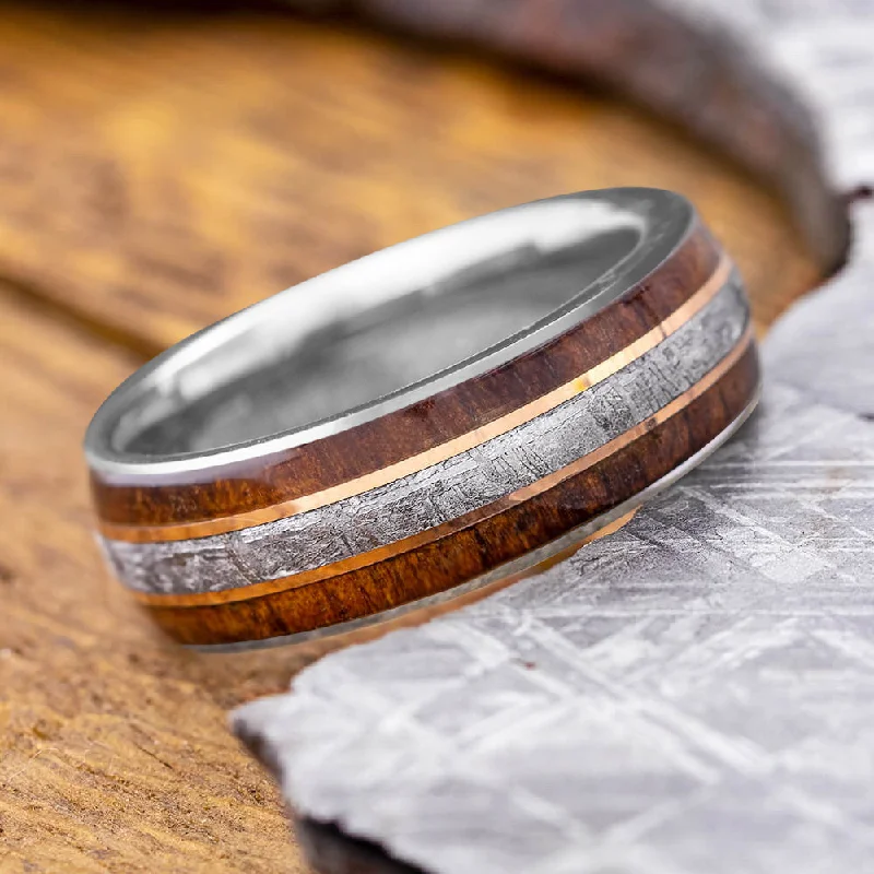 Meteorite Ring with Koa Wood and Gold Pinstripes