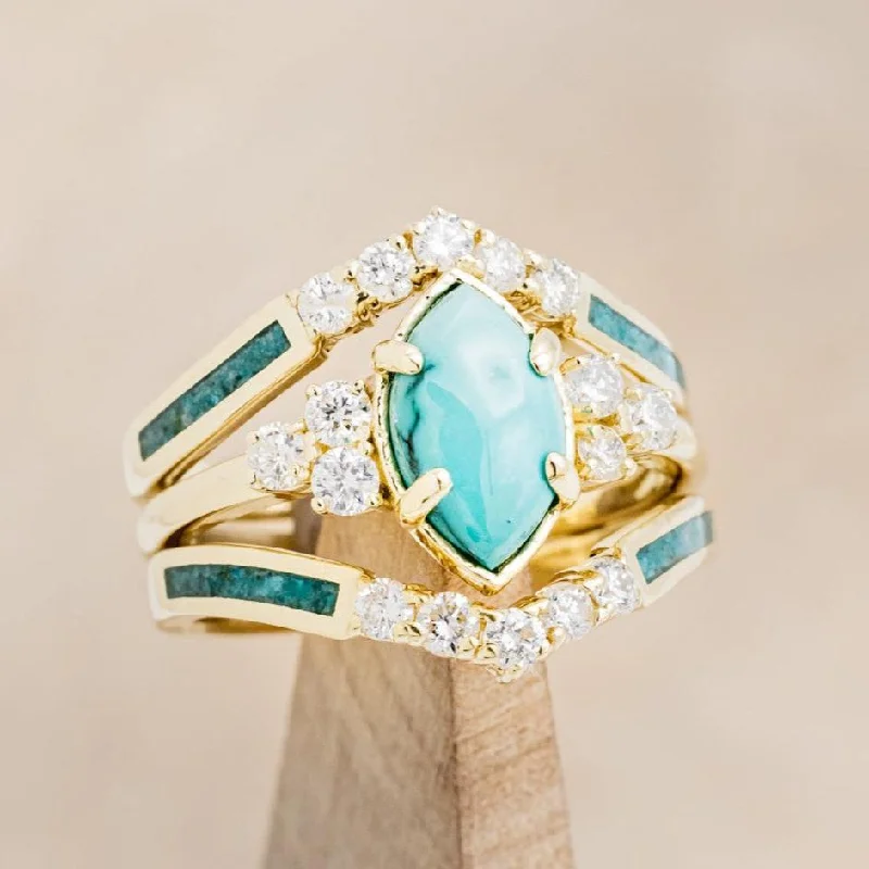 "RAYA" - MARQUISE CABOCHON CUT TURQUOISE ENGAGEMENT RING WITH DIAMOND ACCENTS & CRUSHED CHRYSOCOLLA RING GUARD