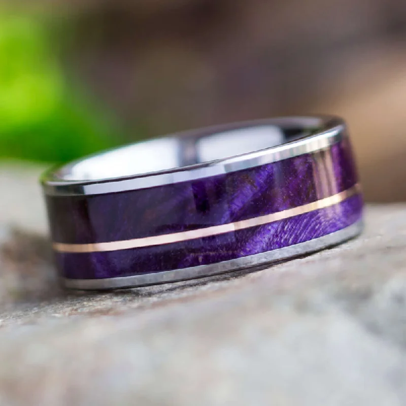 Tungsten Ring with Purple Wood & Gold Pinstripe