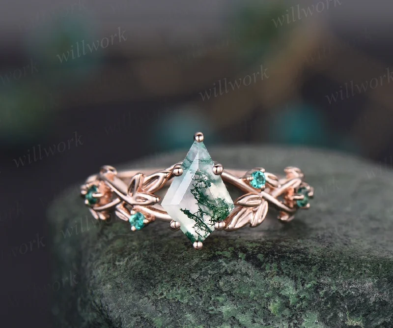 Twig moss agate ring vintage kite cut moss agate engagement ring nature inspired rose gold ring leaf emerald ring women unique wedding ring