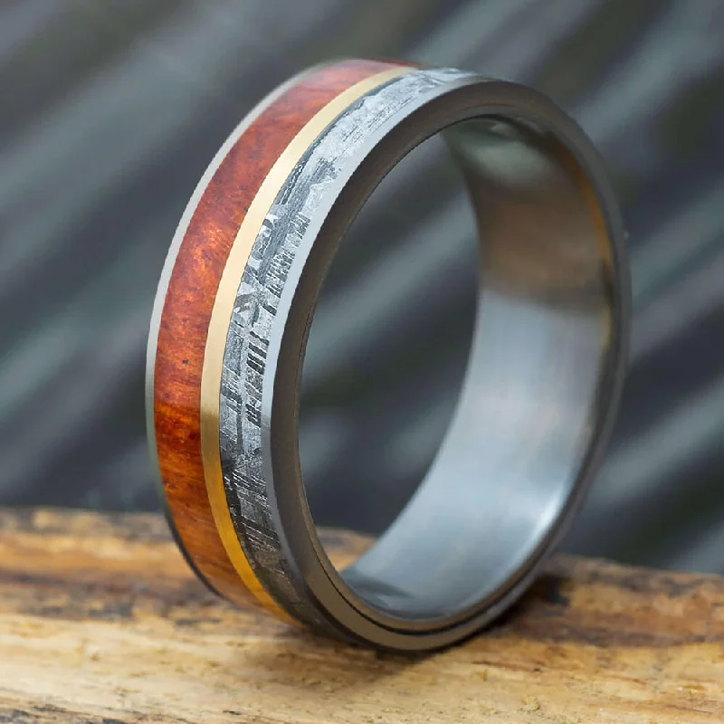 Meteorite and Wood Wedding Band with Gold Pinstripe