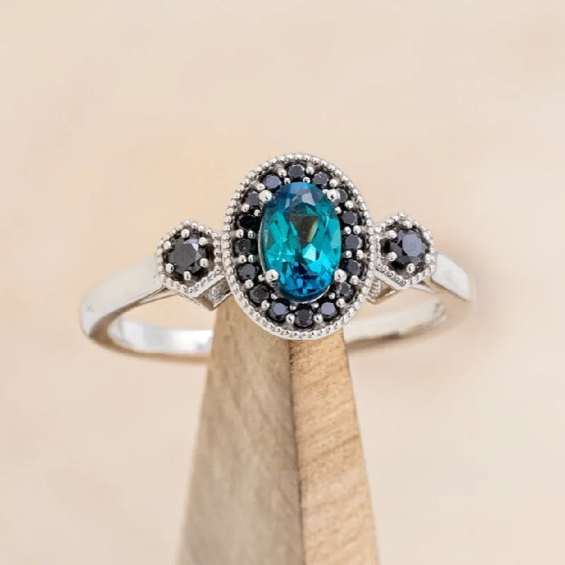 "AMELIA" - OVAL LAB-GROWN ALEXANDRITE ENGAGEMENT RING WITH BLACK DIAMOND HALO & ACCENTS