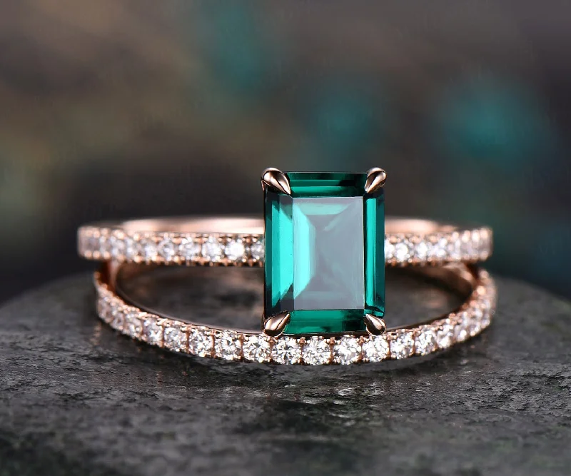 Emerald cut emerald ring gold vintage emerald engagement ring set 14k rose gold unique engagement ring diamond wedding ring set for women