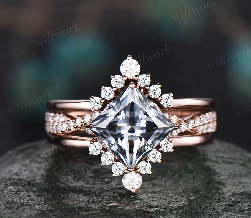 Vintage unique princess cut gray moissanite engagement ring set rose gold stacking twisted diamond promise bridal wedding ring set women