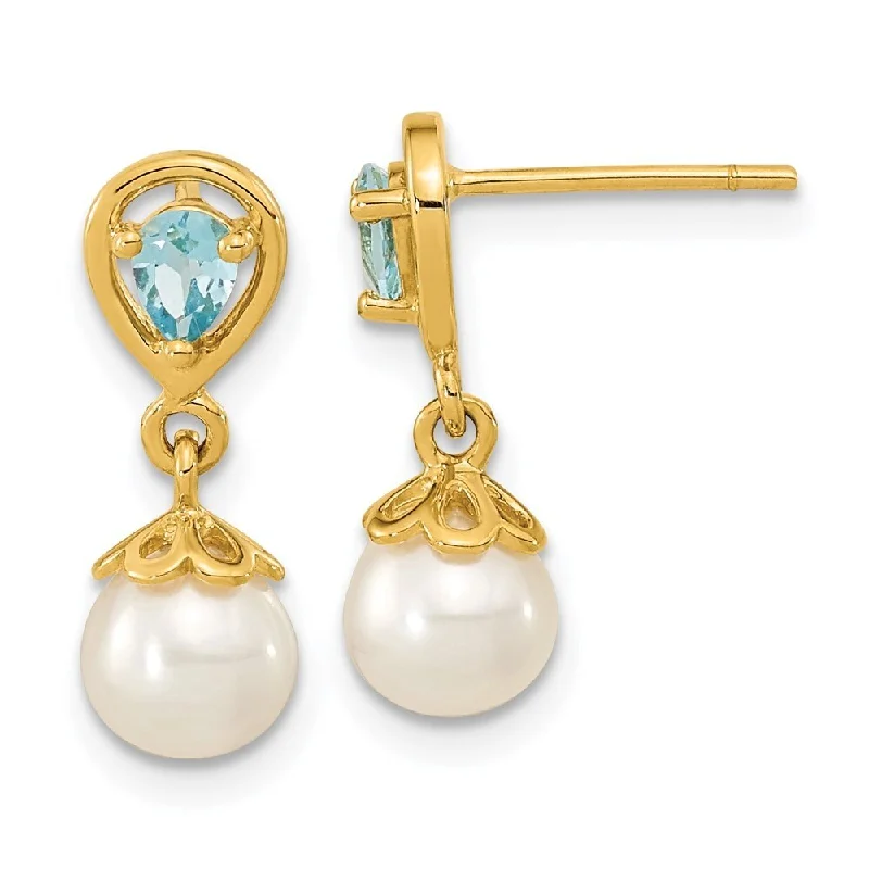 14k Yellow Gold L. Swiss Blue Gemstone And FWC Pearl Dangle Earrings (L-16.85 mm, W-6.15 mm)