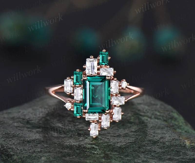 Unique Emerald cut green emerald engagement ring rose gold baguette cut split shank engagement ring women cluster moissanite promise ring