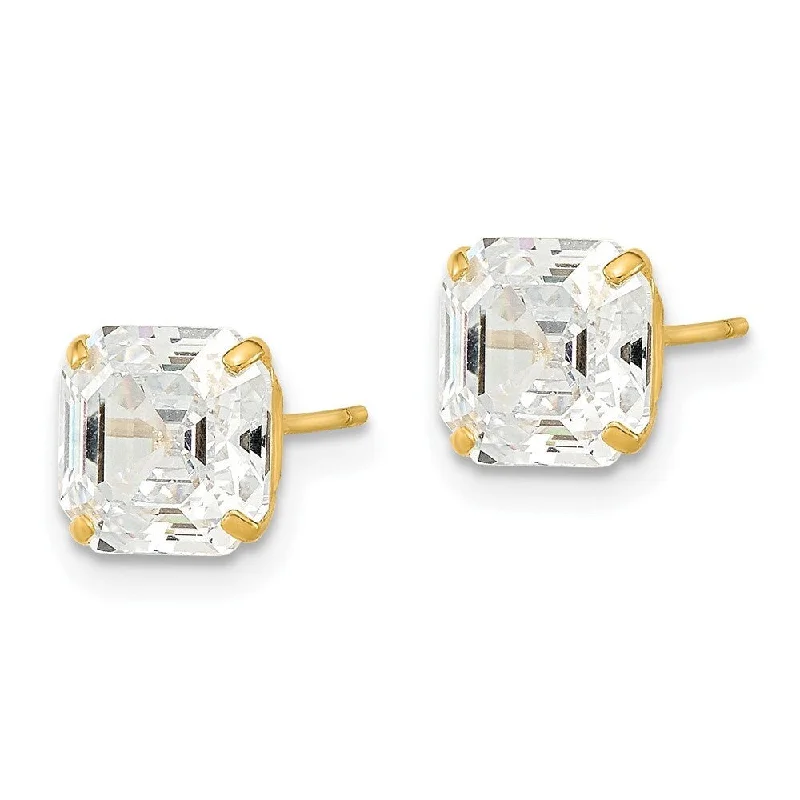 14k Yellow Gold 7x7 Asscher Cut CZ Studs Stud Earrings (L-7 mm, W-7 mm)