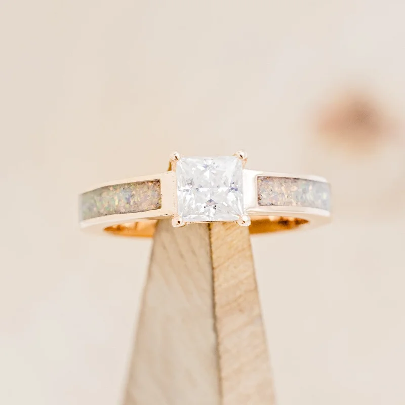 "EOTA" - PRINCESS CUT MOISSANITE ENGAGEMENT RING WITH FIRE & ICE OPAL INLAYS