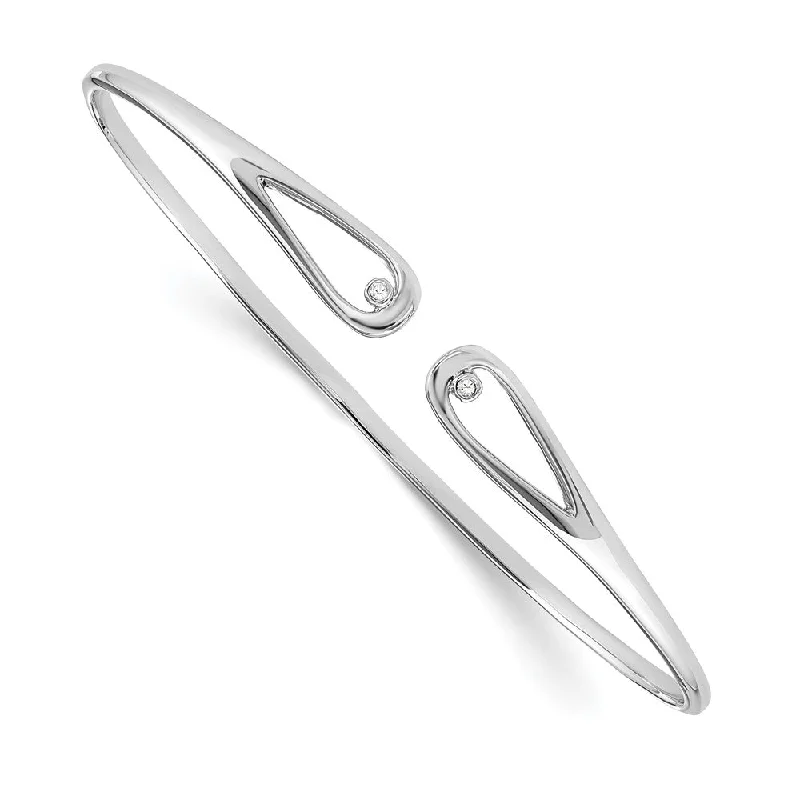 Rhodium Plated Sterling Silver & Diamond Open Tear Cuff  Bracelet