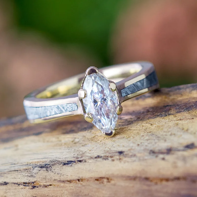 Marquise Engagement Ring In Polished Gold With Meteorite