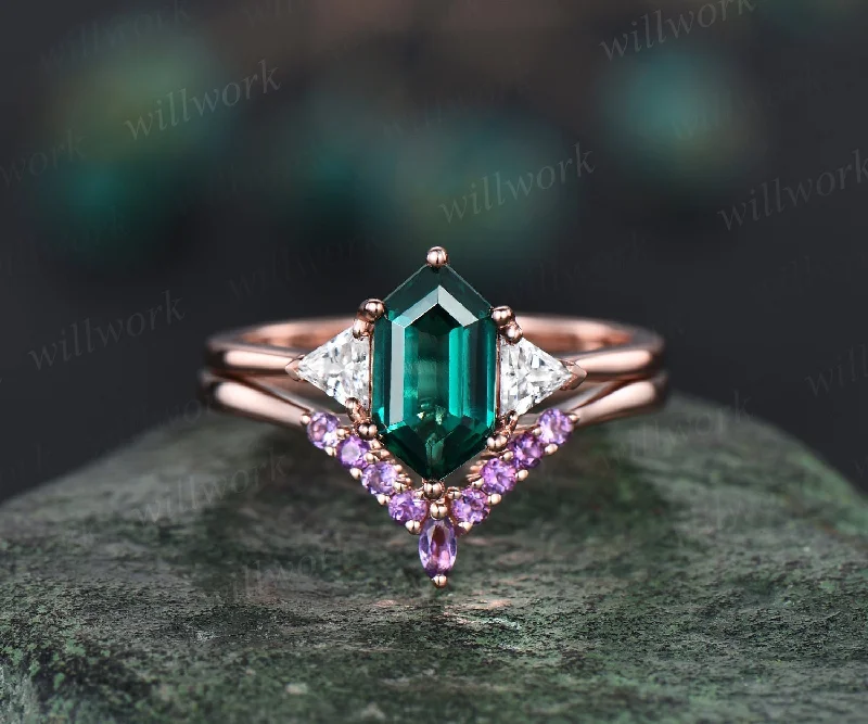 Amethyst emerald ring set women vintage three stone engagement ring set solid 14k rose gold 6 prong moissanite promise ring set her gifts