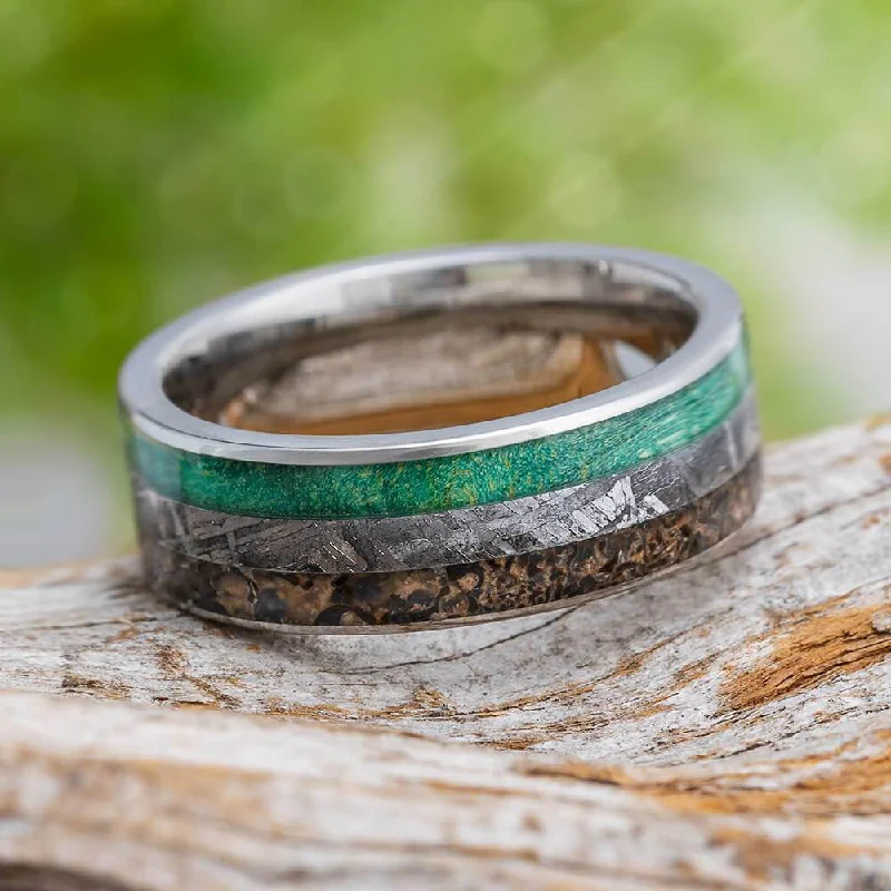 Meteorite, Dinosaur Bone & Green Wood Ring