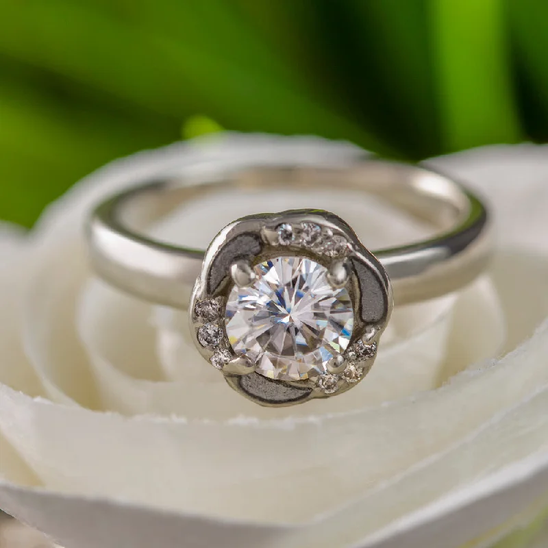 Flower Shaped Engagement Ring with Meteorite and Moissanite