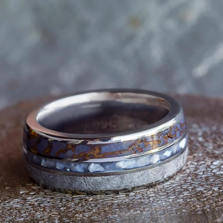 Mother of Pearl Wedding Band, Men's Meteorite Ring with Dinosaur Bone