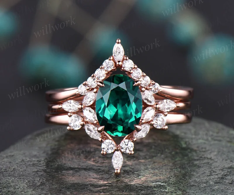 3pcs emerald engagement ring set emerald ring for women vintage rose gold unique bridal set art deco best engagement ring moissanite jewelry