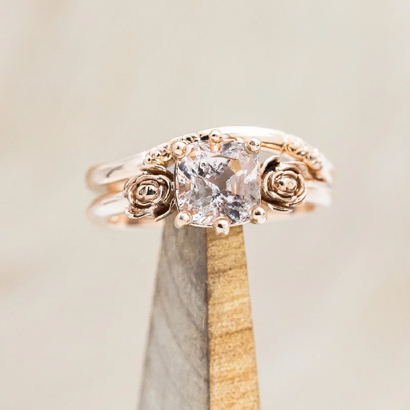 "EVIE" - CUSHION CUT MORGANITE ENGAGEMENT RING SET WITH FLOWER ACCENTS