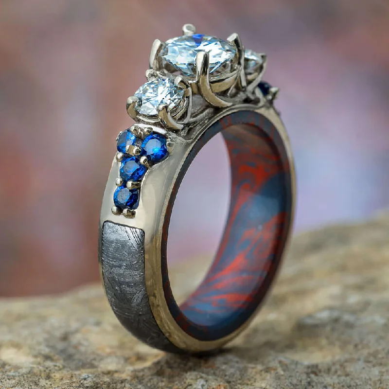 Moissanite Engagement Ring with Meteorite and Mokume Sleeve