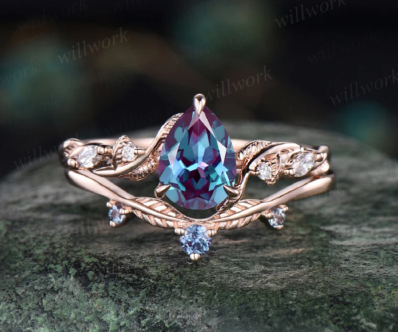 Teardrop alexandrite engagement ring set nature inspired leaf twig pear cut color change gemstone ring art deco wedding band bridal ring set