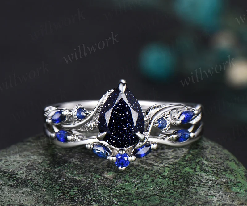 Nature Inspired Pear Galaxy Blue Sandstone sapphire Bridal Set white gold Unique Twig Vine Teardrop Blue Goldstone Engagement Ring Ring Set