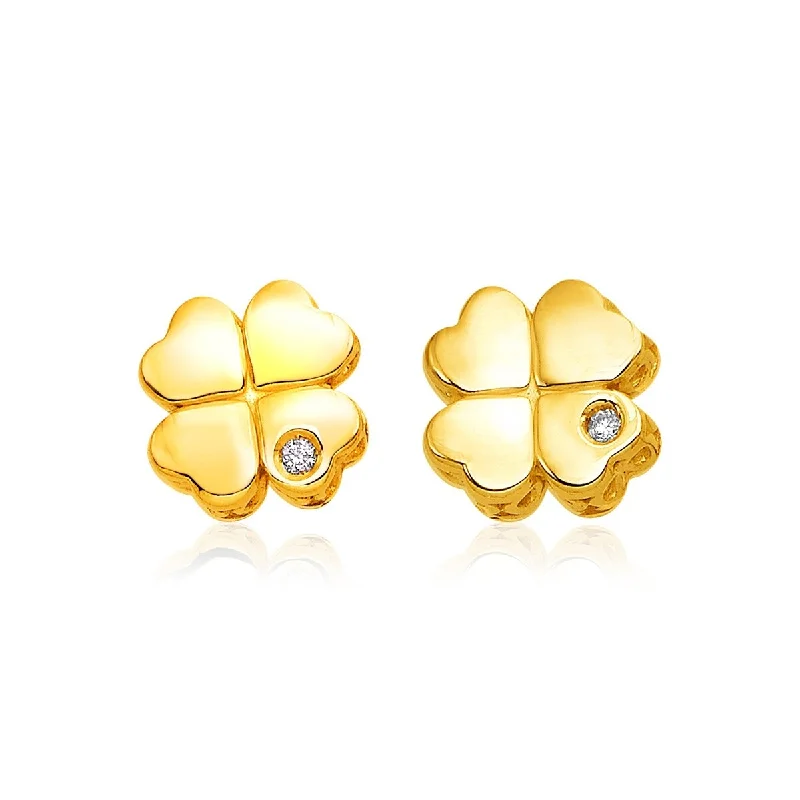 14k Yellow Gold Polished Four Leaf Clover Earrings with Diamonds