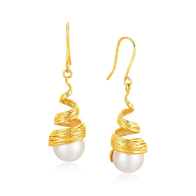 Italian Design 14k Yellow Gold Filament Spiral Earrings with Cultured Pearl