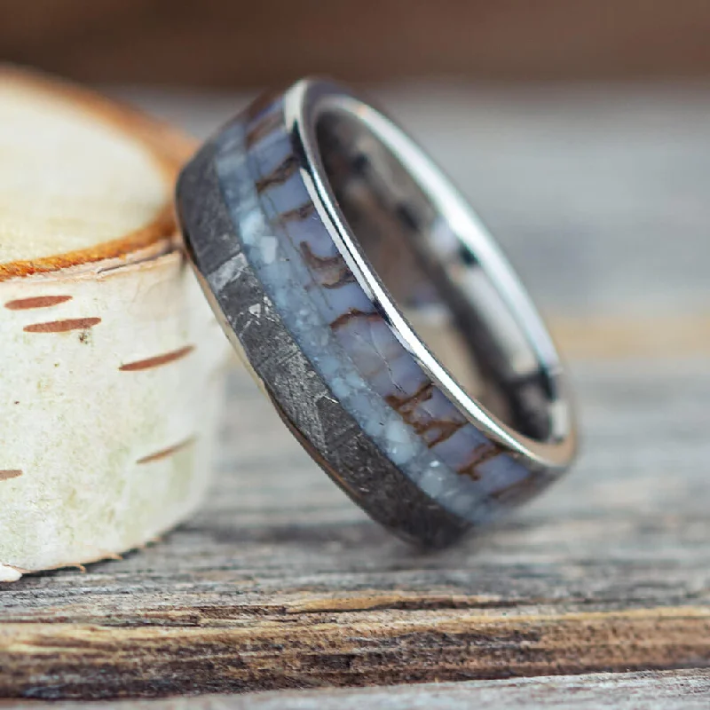 Pearl Men's Wedding Band With Dinosaur Bone & Meteorite