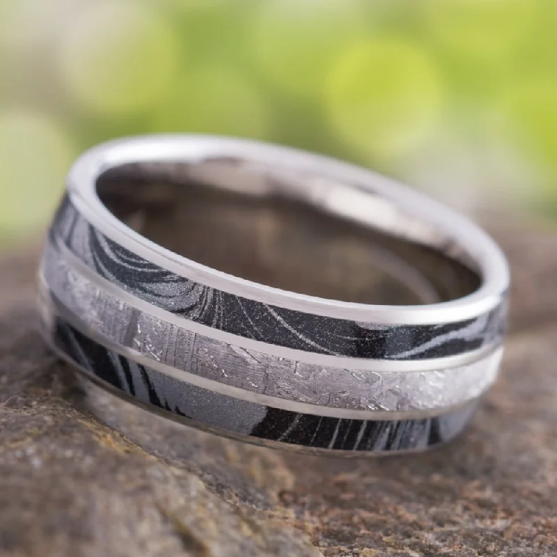 Black And White Mokume Men's Wedding Band With Meteorite