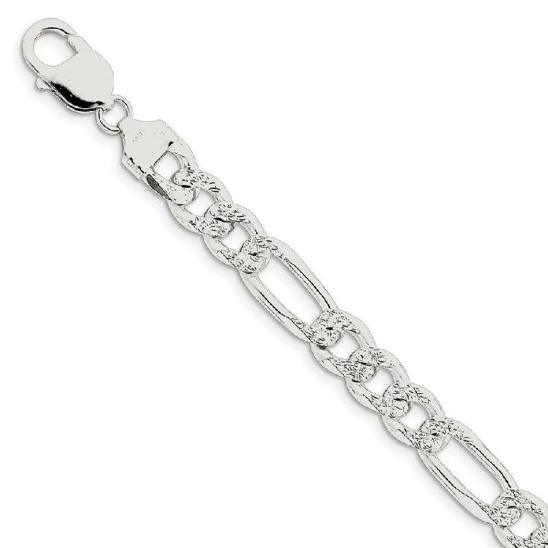 Men's 9.5mm Sterling Silver Pave Flat Figaro Chain Bracelet, 8 Inch