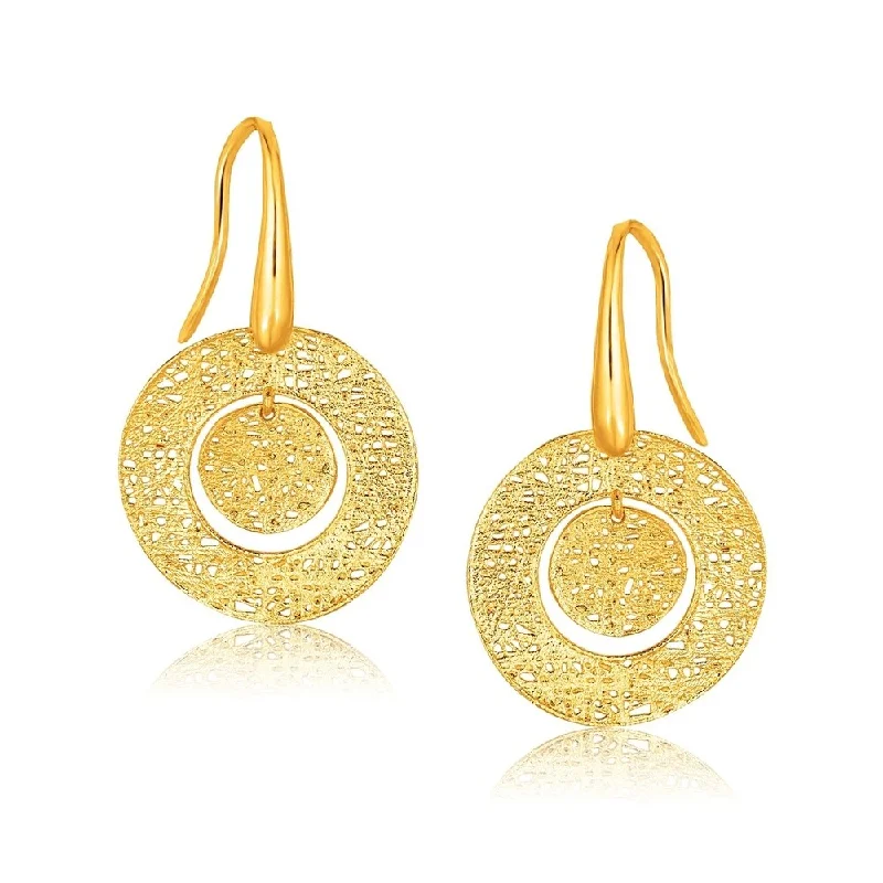 14k Yellow Gold Textured Weave Disc Earrings