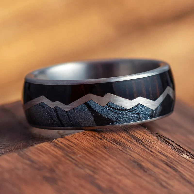 Mountain Ring With Ebony Wood And Mokume Gane