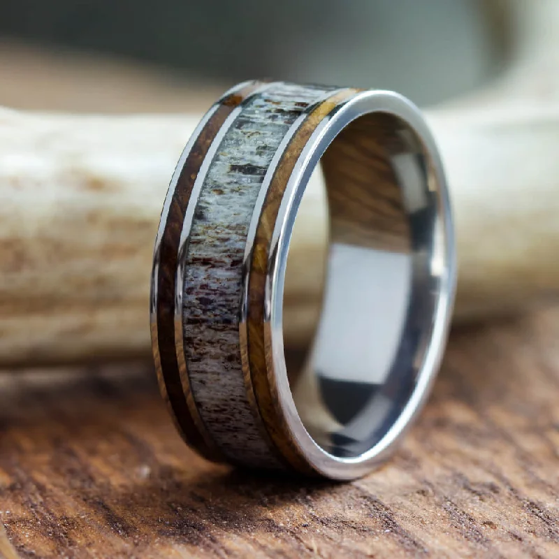 Whiskey Barrel Wood and Antler Men's Wedding Band